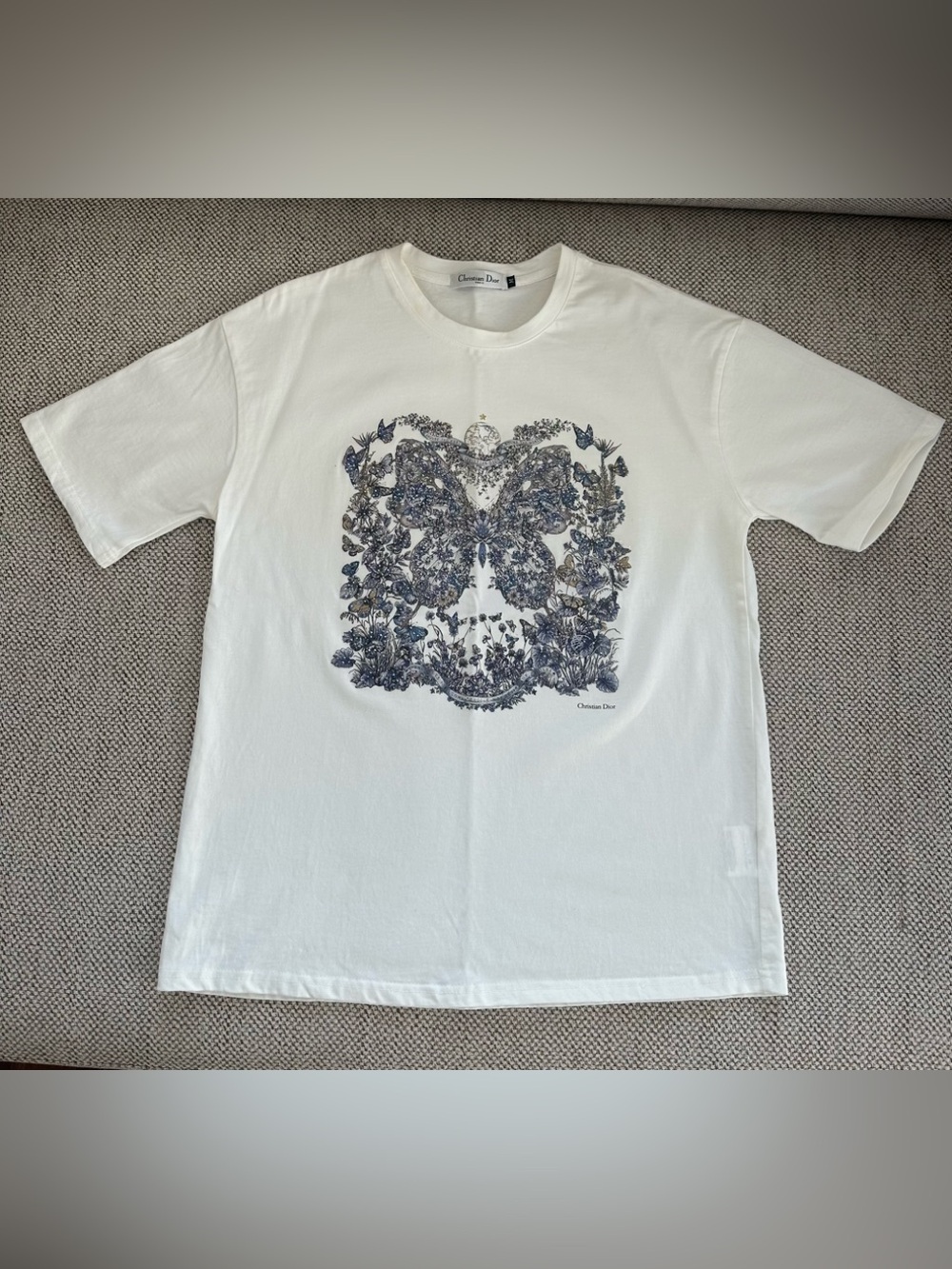 DIOR White Short Sleeve Tee with Blue Butterfly Floral Print